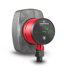 Röd och grå cirkulationspump för golvvärme i gjutjärn och plast med digital display av märket Grundfos