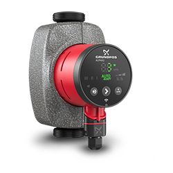 Röd och grå cirkulationspump för golvvärme och värmesystem i rostfritt stål och plast med digital display av märket Grundfos